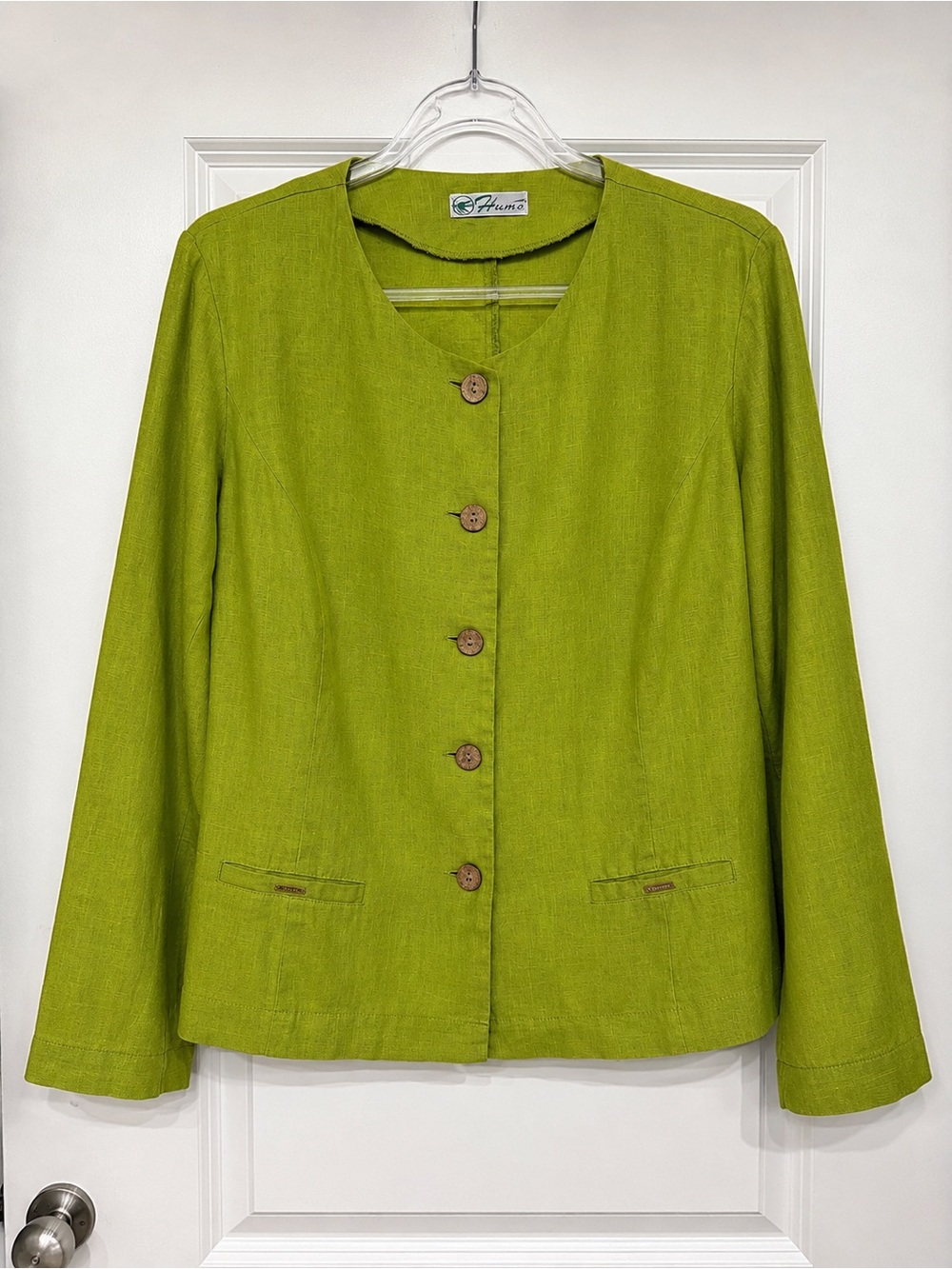 Lime Green Linen Blend Jacket Blazer Natural Button Lightweight Minimalist